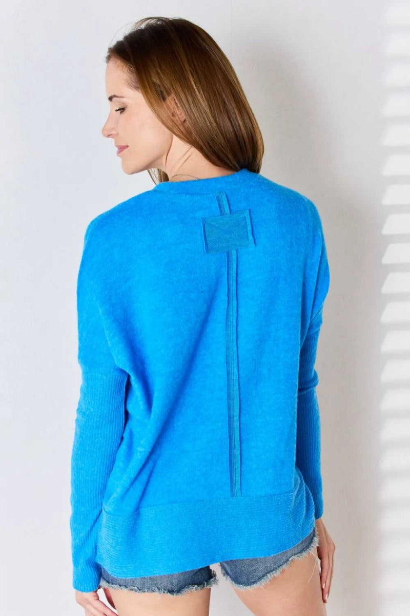 Zenana Ribbed Trim Round Neck Long Sleeve Top - Hopeford Streams