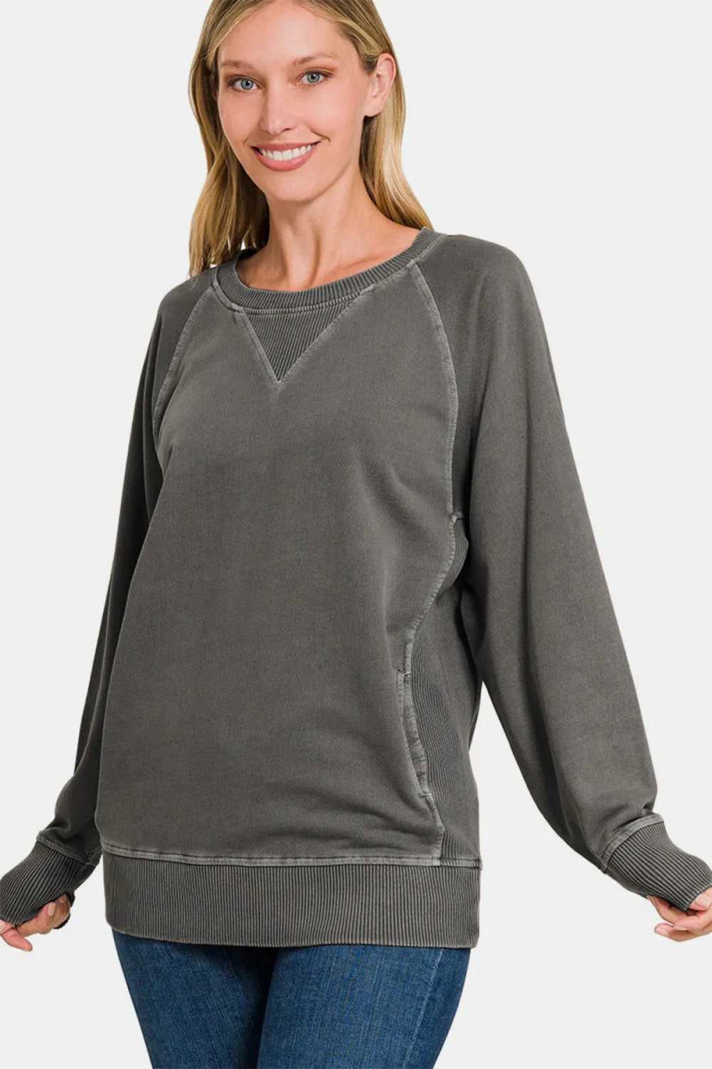 Zenana Round Neck Long Sleeve Sweatshirt - Hopeford Streams