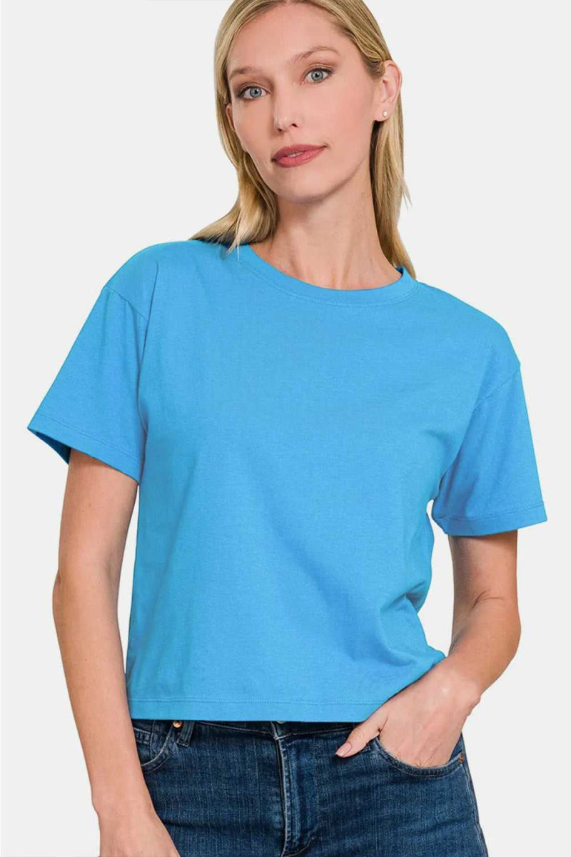 Zenana Round Neck Short Sleeve Cropped T-Shirt - Hopeford Streams