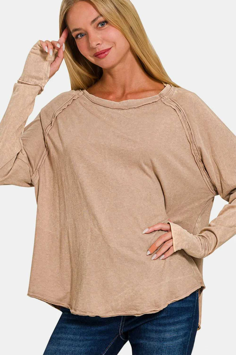 Zenana Round Neck Thumbhole Long Sleeve T-Shirt - Hopeford Streams