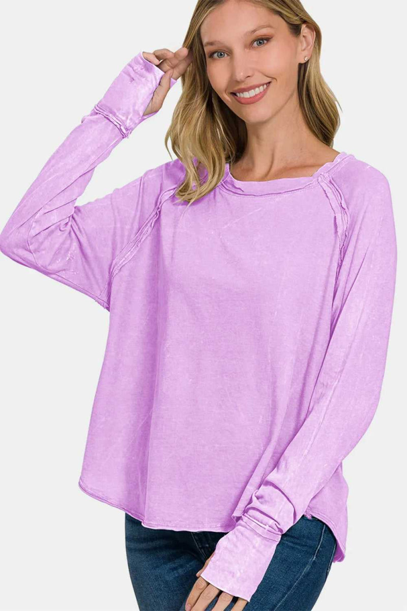 Zenana Round Neck Thumbhole Long Sleeve T-Shirt - Hopeford Streams