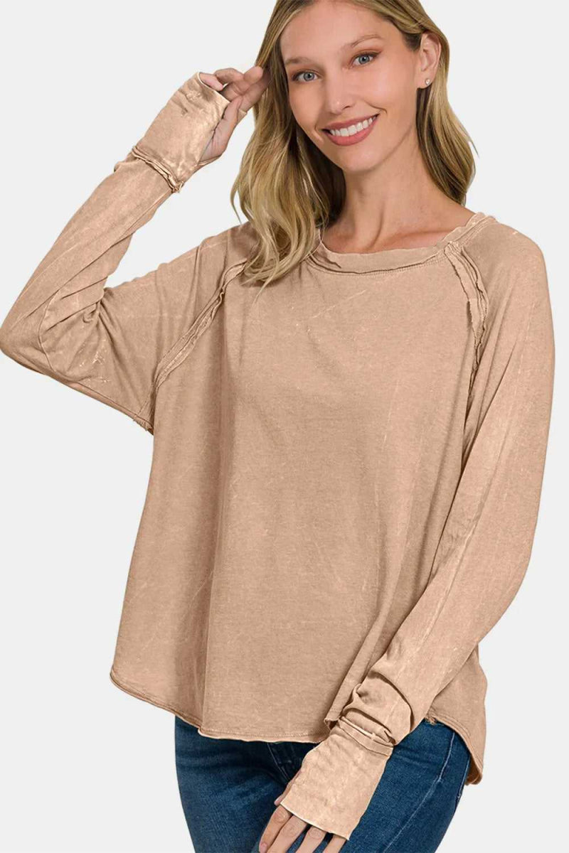 Zenana Round Neck Thumbhole Long Sleeve T-Shirt - Hopeford Streams