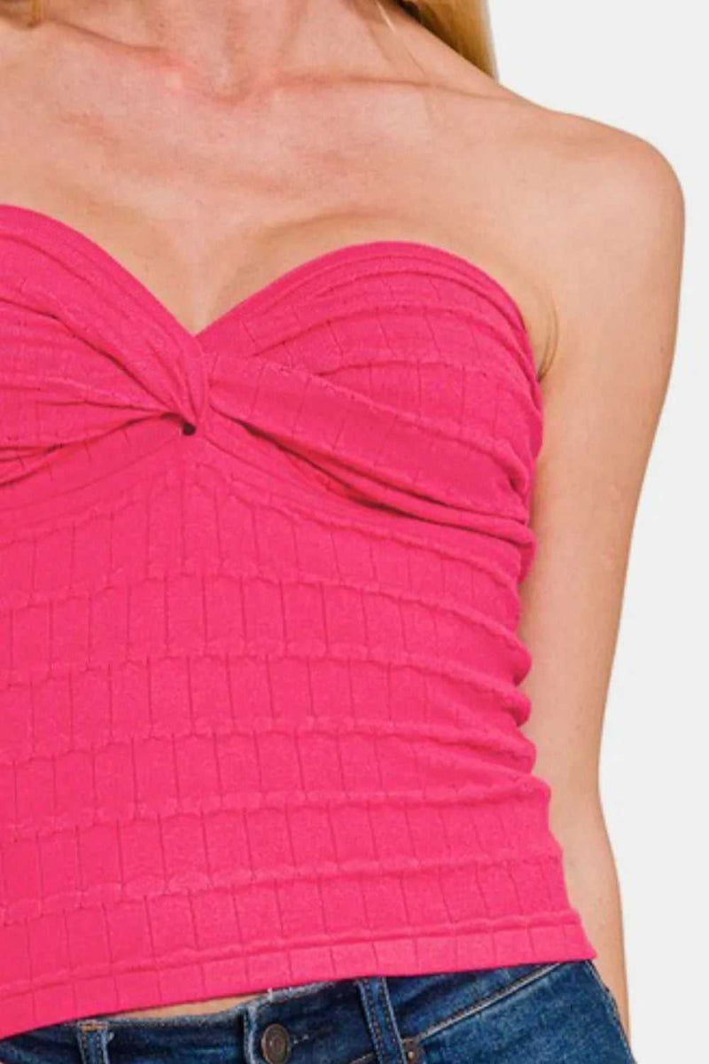 Zenana Ruched Twisted Sweetheart Neck Top - Hopeford Streams