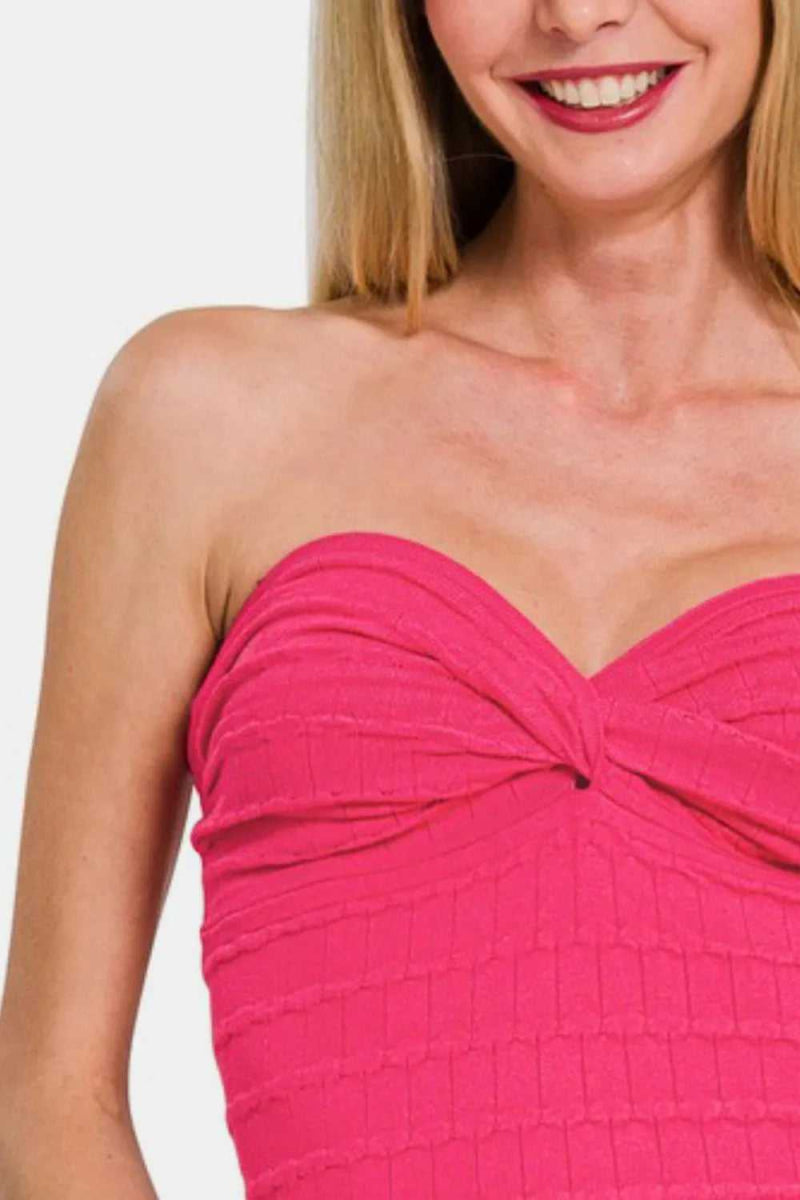 Zenana Ruched Twisted Sweetheart Neck Top - Hopeford Streams