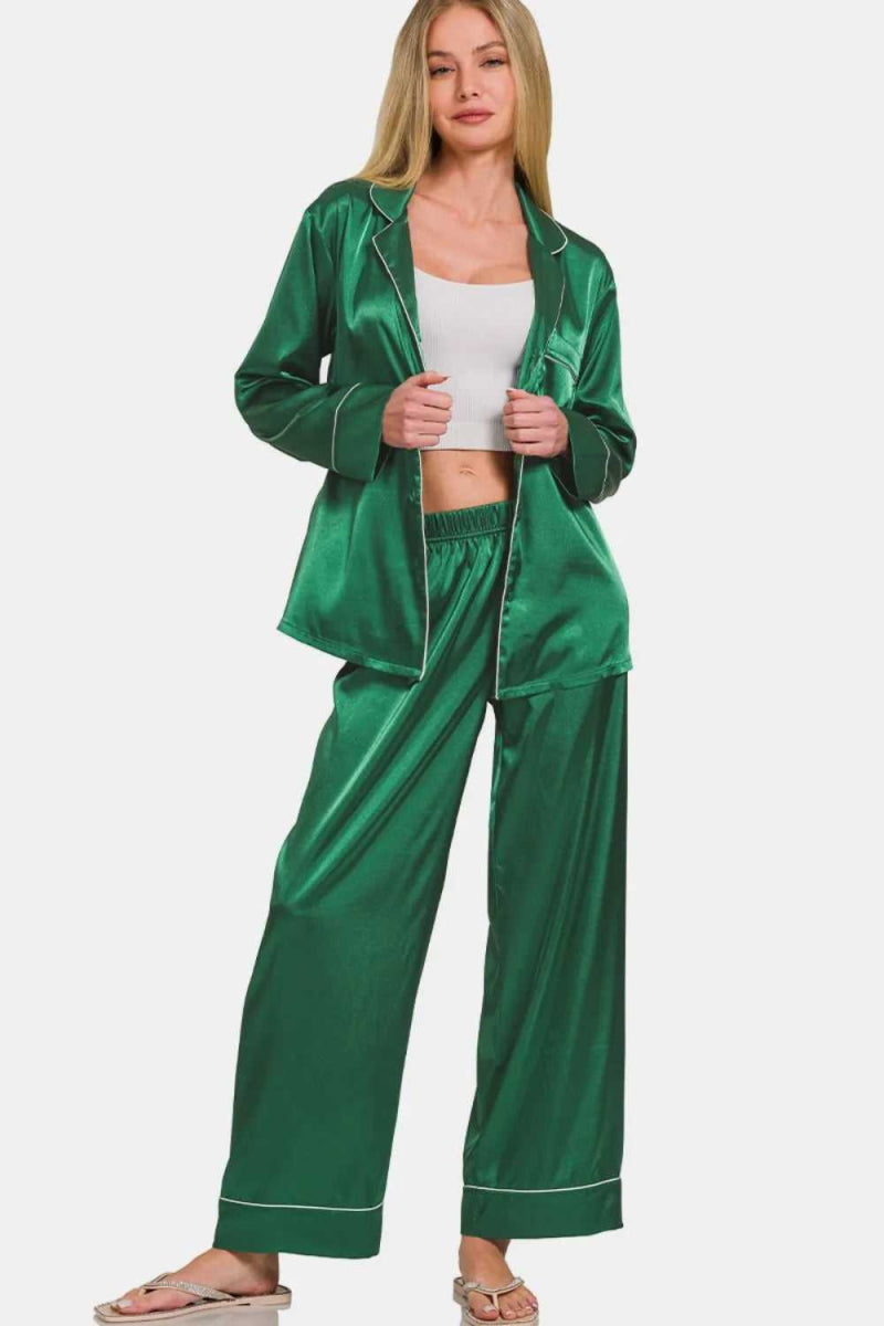 Zenana Satin Long Sleeve Shirt and Pants Pajama Set - Hopeford Streams