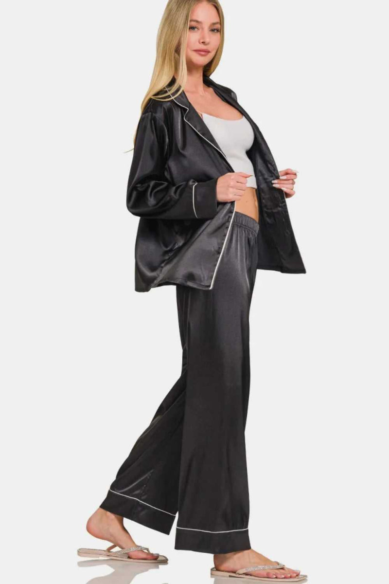Zenana Satin Long Sleeve Shirt and Pants Pajama Set - Hopeford Streams