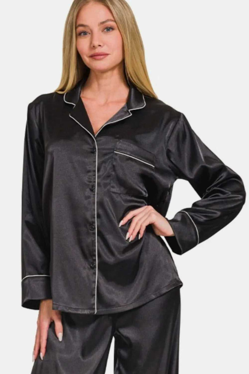 Zenana Satin Long Sleeve Shirt and Pants Pajama Set - Hopeford Streams