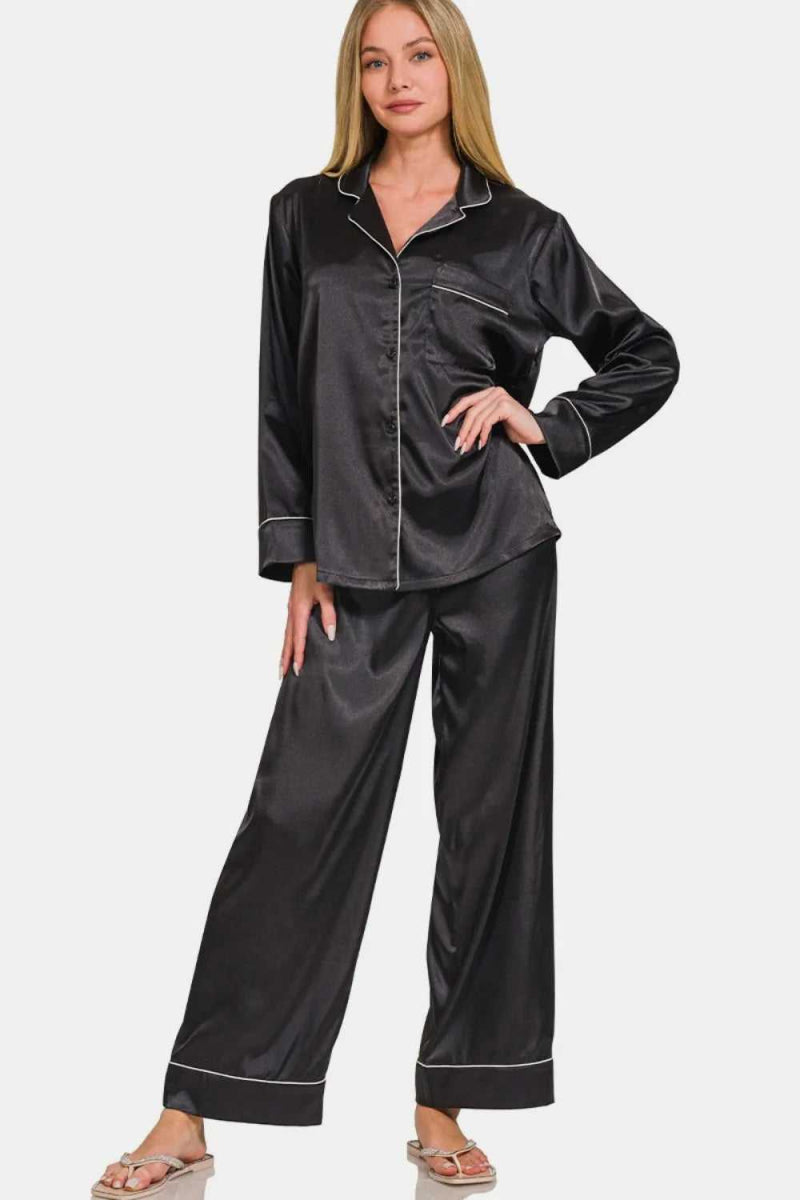 Zenana Satin Long Sleeve Shirt and Pants Pajama Set - Hopeford Streams