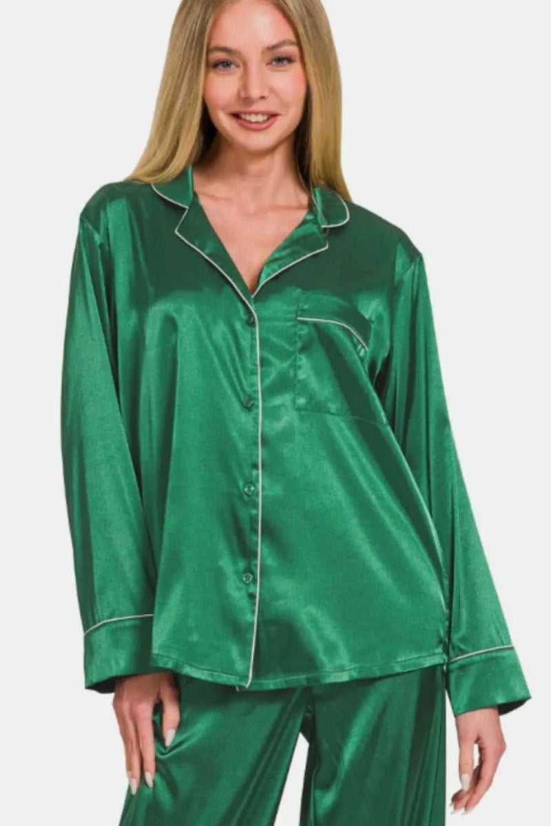 Zenana Satin Long Sleeve Shirt and Pants Pajama Set - Hopeford Streams
