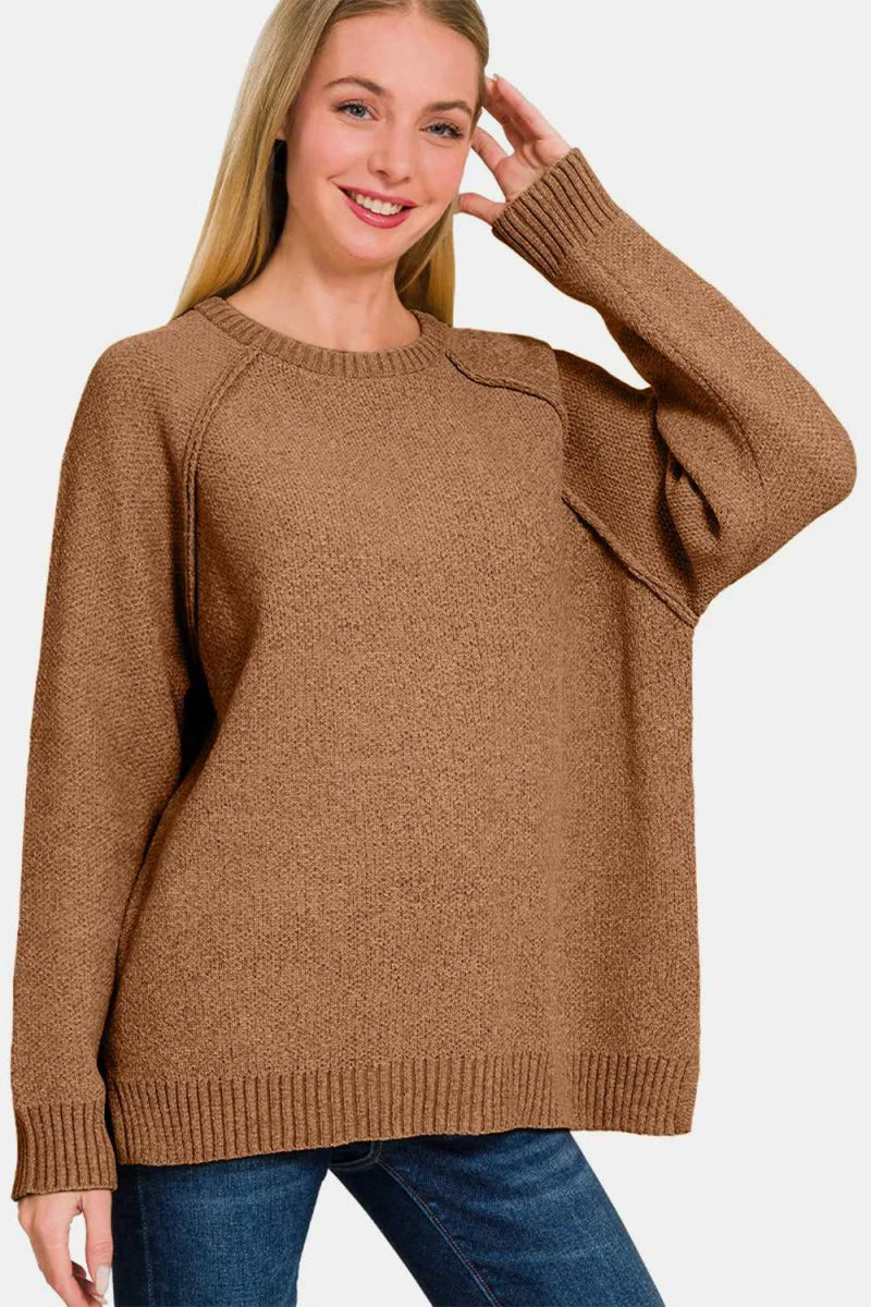 Zenana Side Slit Raglan Sleeve Sweater - Hopeford Streams