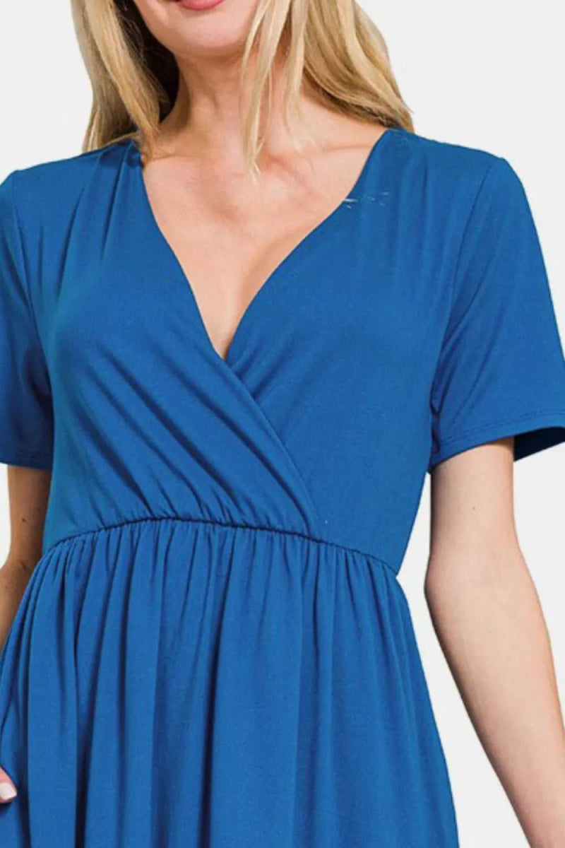 Zenana Surplice Short Sleeve Brushed DTY Dress - Hopeford Streams