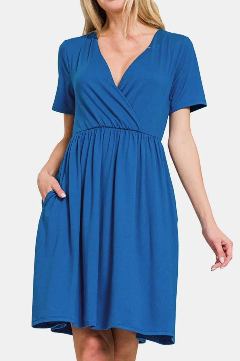 Zenana Surplice Short Sleeve Brushed DTY Dress - Hopeford Streams