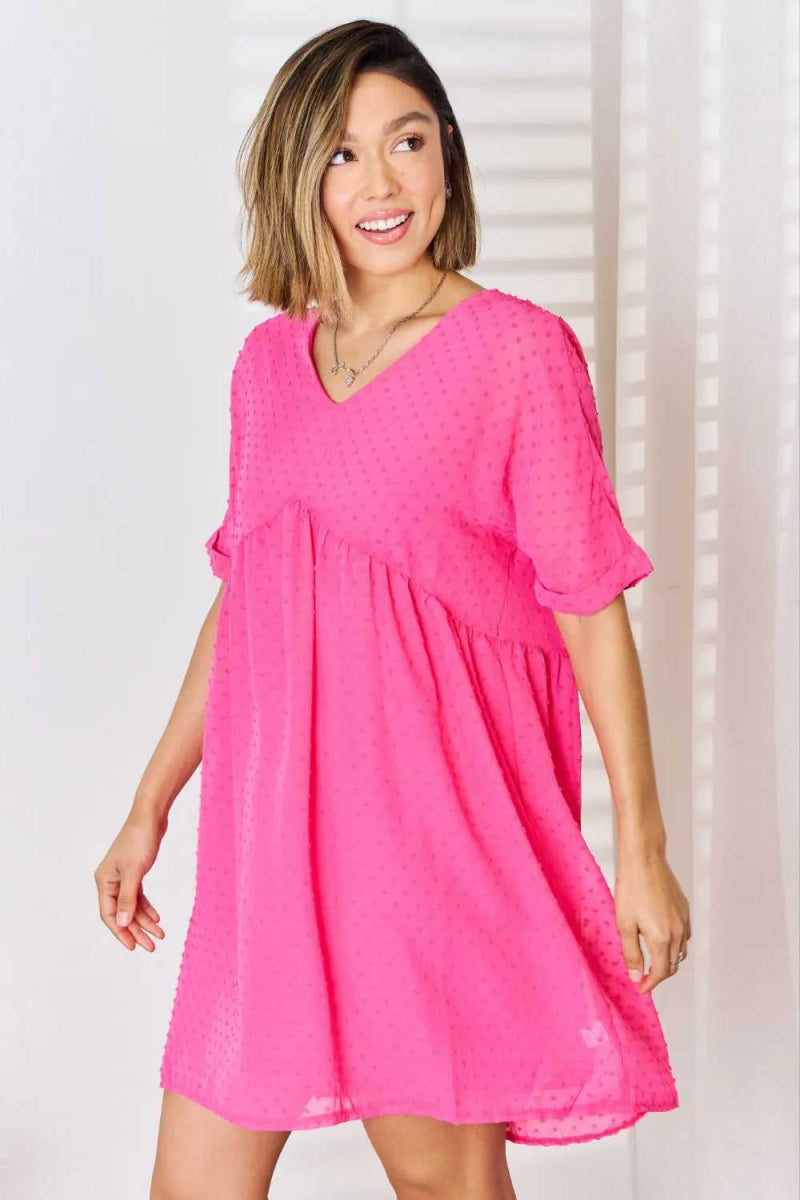 Zenana Swiss Dot Rolled Short Sleeve Babydoll Dress - Hopeford Streams