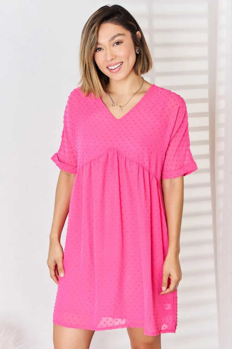 Zenana Swiss Dot Rolled Short Sleeve Babydoll Dress - Hopeford Streams