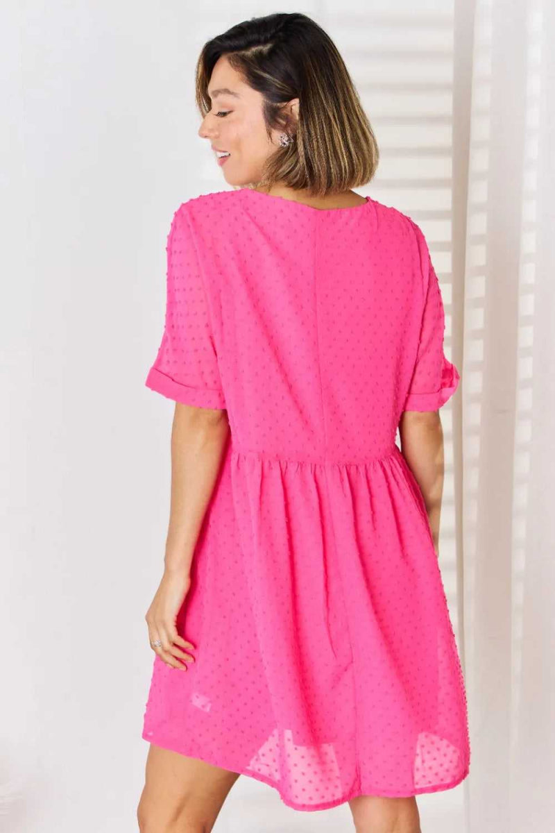 Zenana Swiss Dot Rolled Short Sleeve Babydoll Dress - Hopeford Streams