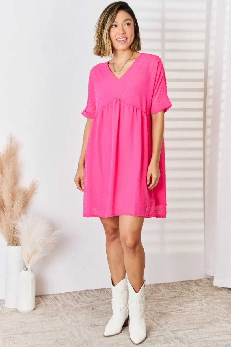 Zenana Swiss Dot Rolled Short Sleeve Babydoll Dress - Hopeford Streams