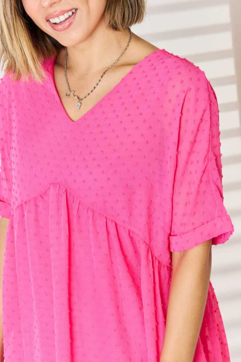 Zenana Swiss Dot Rolled Short Sleeve Babydoll Dress - Hopeford Streams
