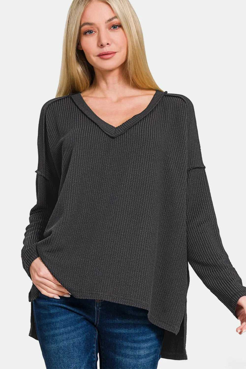 Zenana Texture Exposed Seam V - Neck Long Sleeve T-Shirt - Hopeford Streams