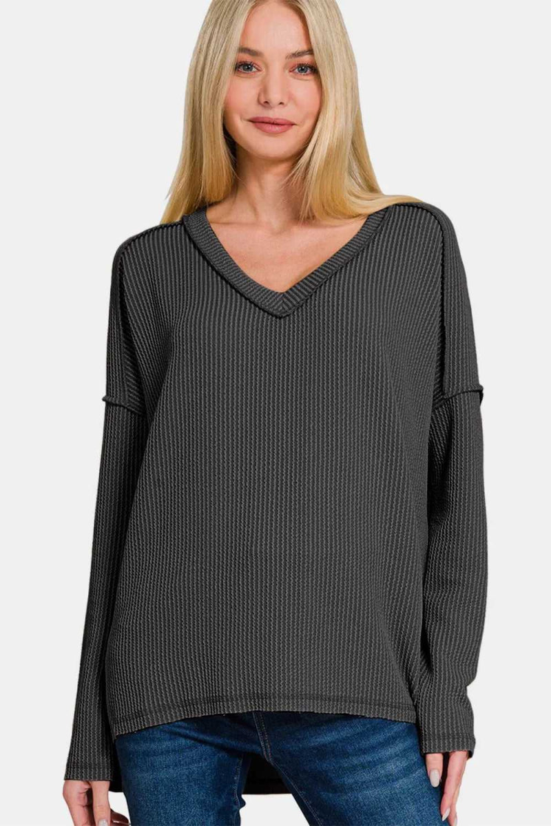 Zenana Texture Exposed Seam V - Neck Long Sleeve T-Shirt - Hopeford Streams