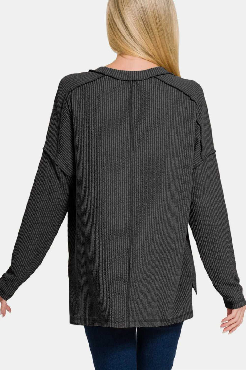 Zenana Texture Exposed Seam V - Neck Long Sleeve T-Shirt - Hopeford Streams