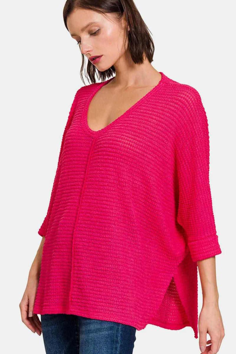 Zenana V - Neck High - Low Jacquard Knit Top - Hopeford Streams