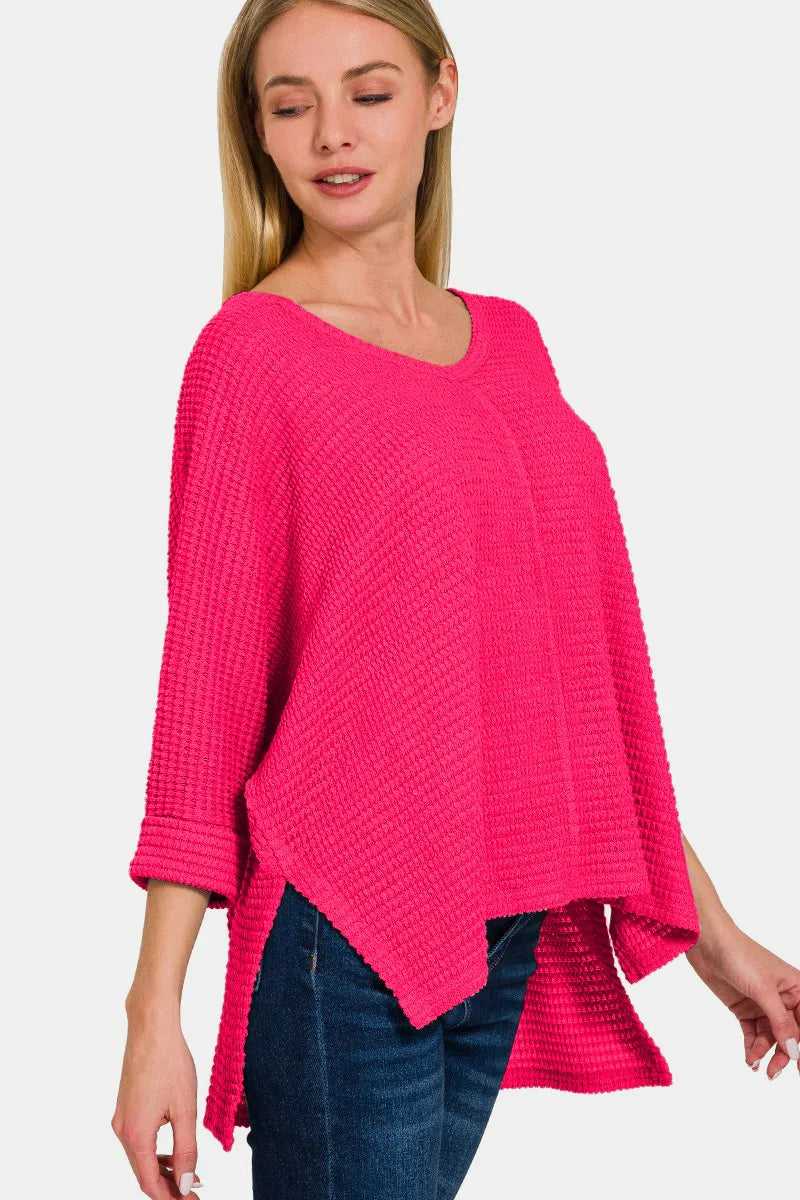 Zenana V - Neck High - Low Jacquard Knit Top - Hopeford Streams