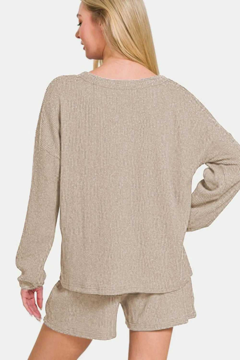 Zenana V - Neck Long Sleeve Ribbed Top and Shorts Set - Hopeford Streams