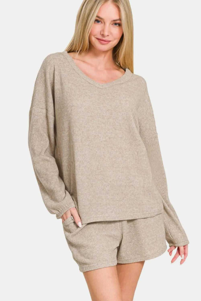 Zenana V - Neck Long Sleeve Ribbed Top and Shorts Set - Hopeford Streams