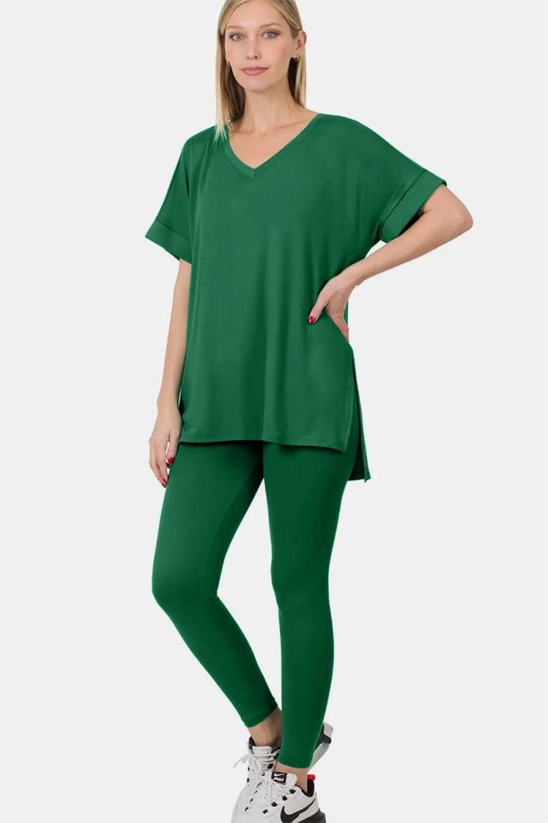 Zenana V - Neck Rolled Short Sleeve T-Shirt and Leggings Lounge Set - Hopeford Streams