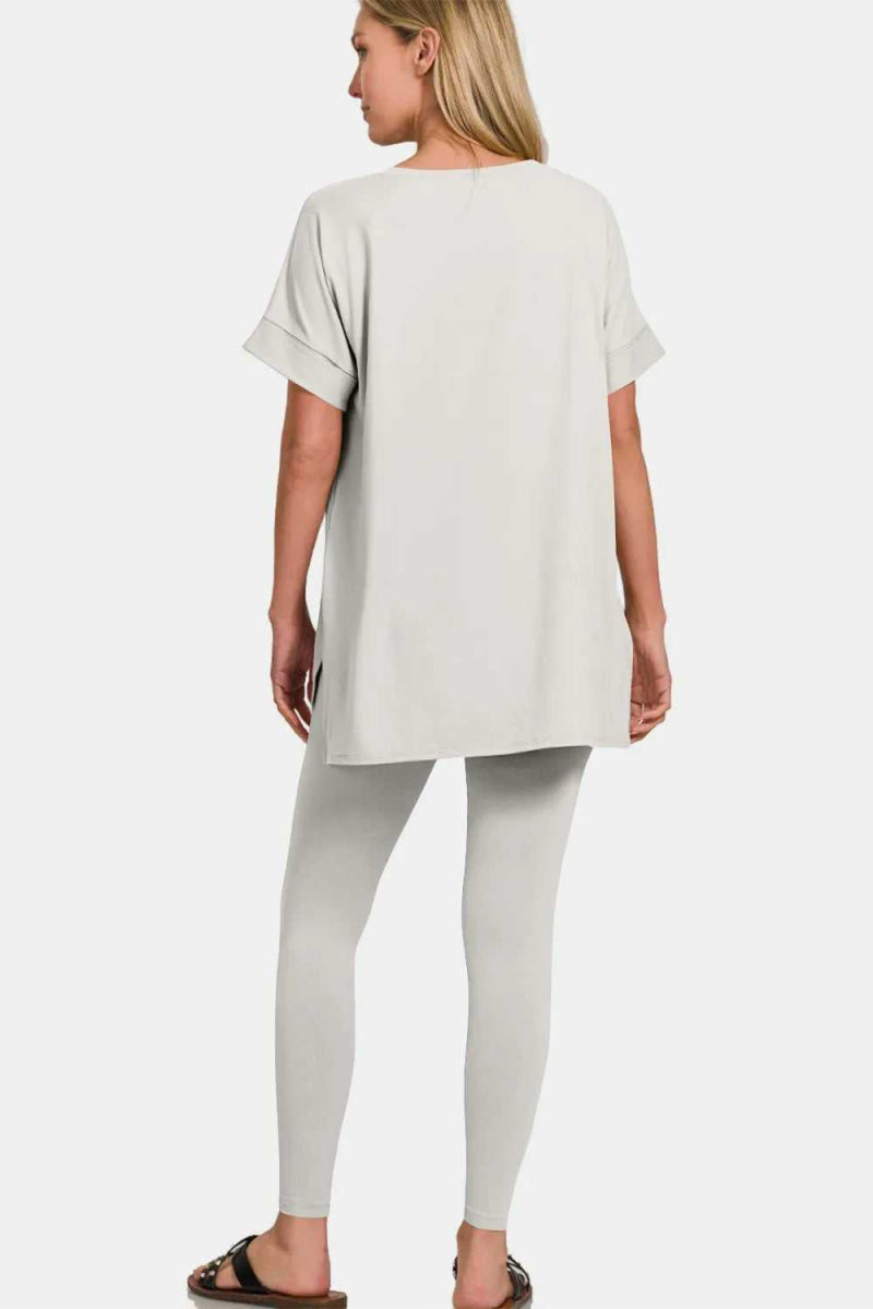 Zenana V - Neck Rolled Short Sleeve T-Shirt and Leggings Lounge Set - Hopeford Streams
