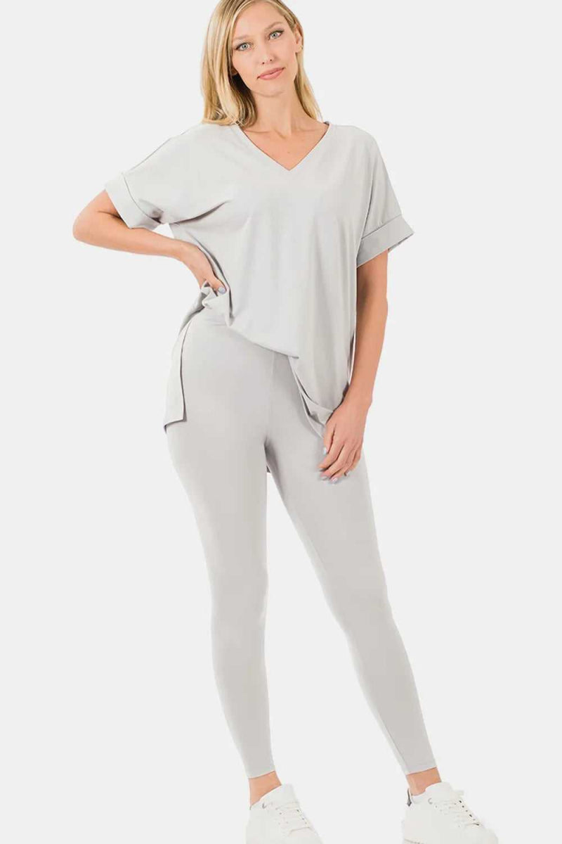 Zenana V - Neck Rolled Short Sleeve T-Shirt and Leggings Lounge Set - Hopeford Streams
