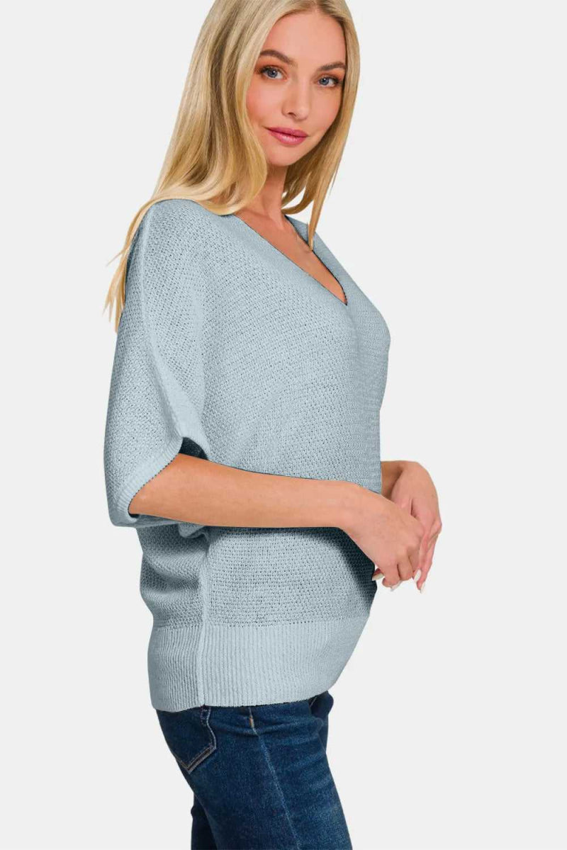 Zenana V - Neck Short Sleeve Dolman Sweater - Hopeford Streams