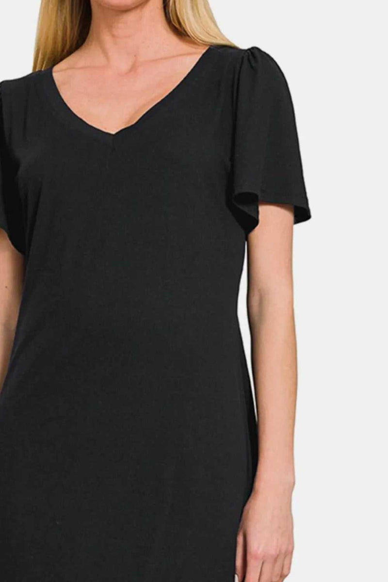 Zenana V - Neck Short Sleeve Dress - Hopeford Streams