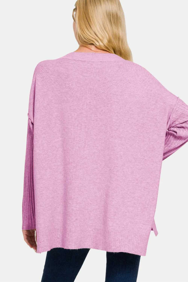 Zenana V - Neck Side Slit High - Low Sweater - Hopeford Streams