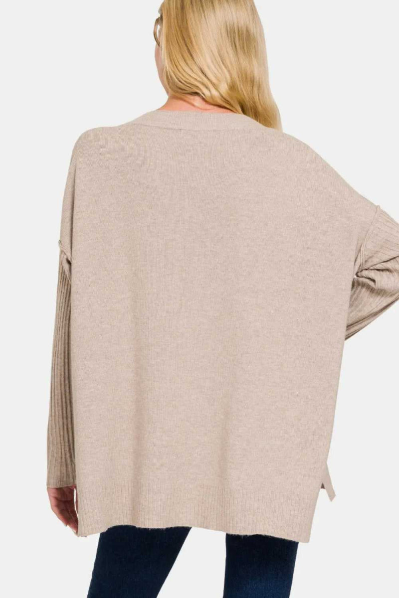 Zenana V - Neck Side Slit High - Low Sweater - Hopeford Streams