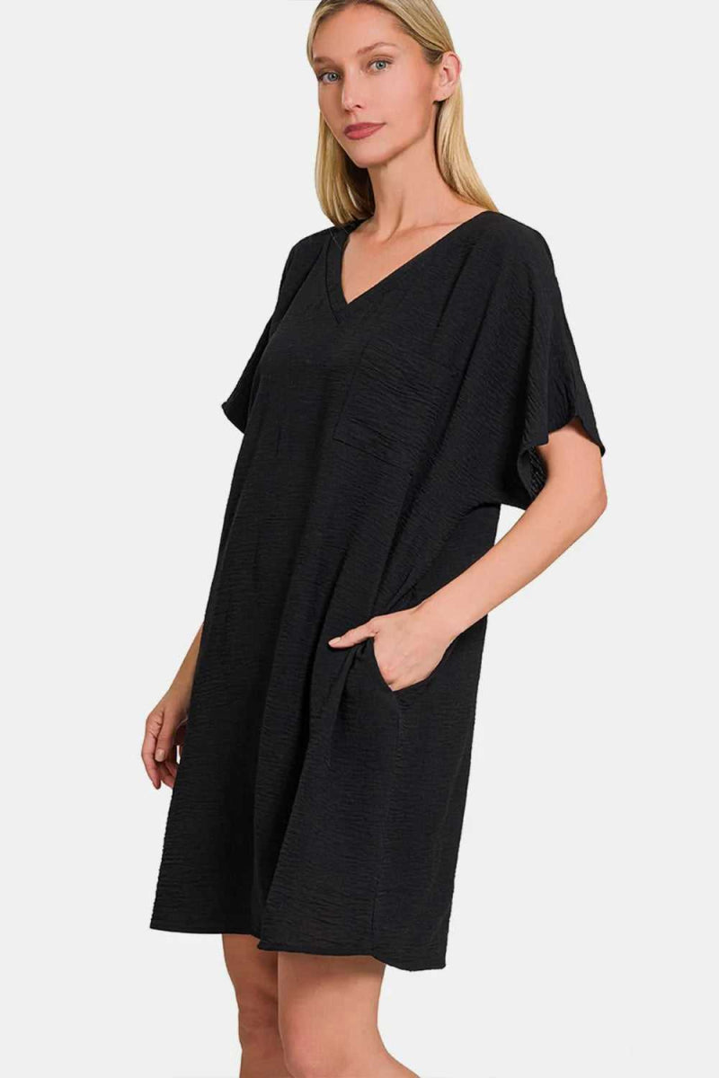 Zenana V - Neck Tee Dress with Pockets - Hopeford Streams