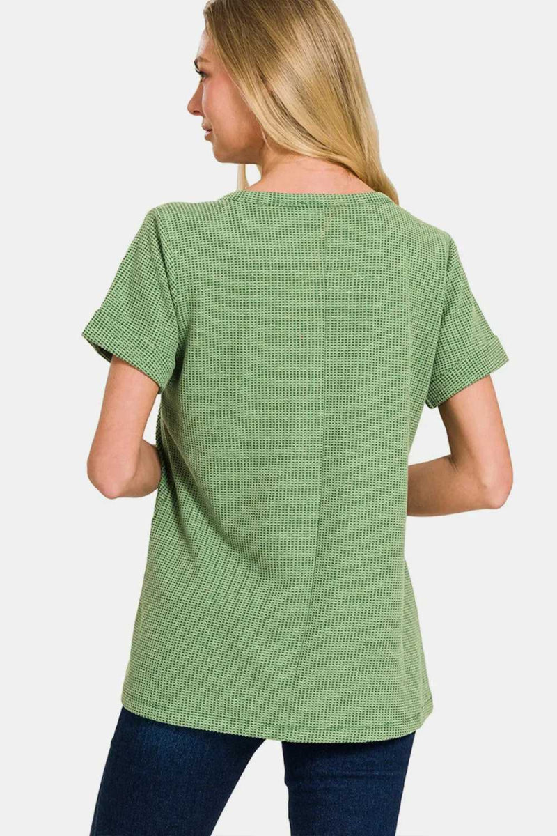 Zenana Waffle Notched Short Sleeve T-Shirt - Hopeford Streams