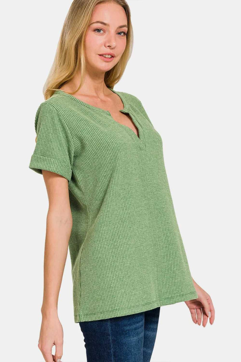 Zenana Waffle Notched Short Sleeve T-Shirt - Hopeford Streams