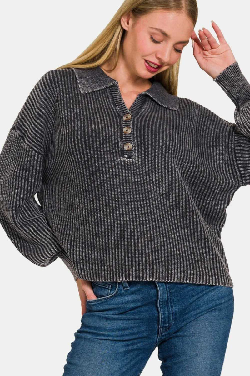 Zenana Washed Half Button Long Sleeve Sweater - Hopeford Streams