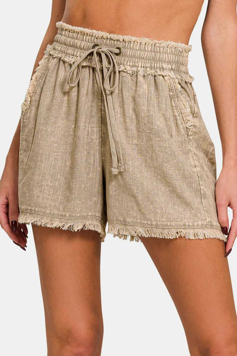 Zenana Washed Linen Frayed Hem Drawstring Shorts - Hopeford Streams