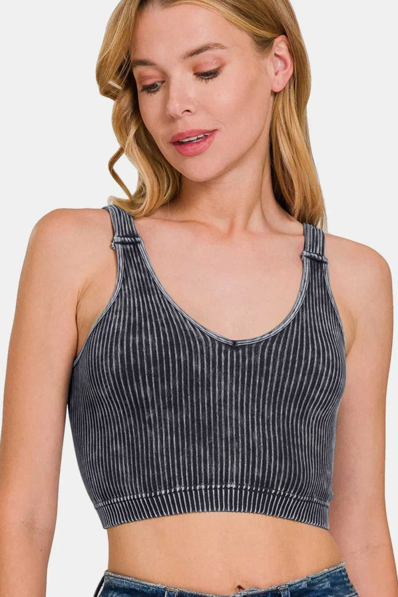 Zenana Washed Ribbed Cropped V - Neck Tank - Hopeford Streams