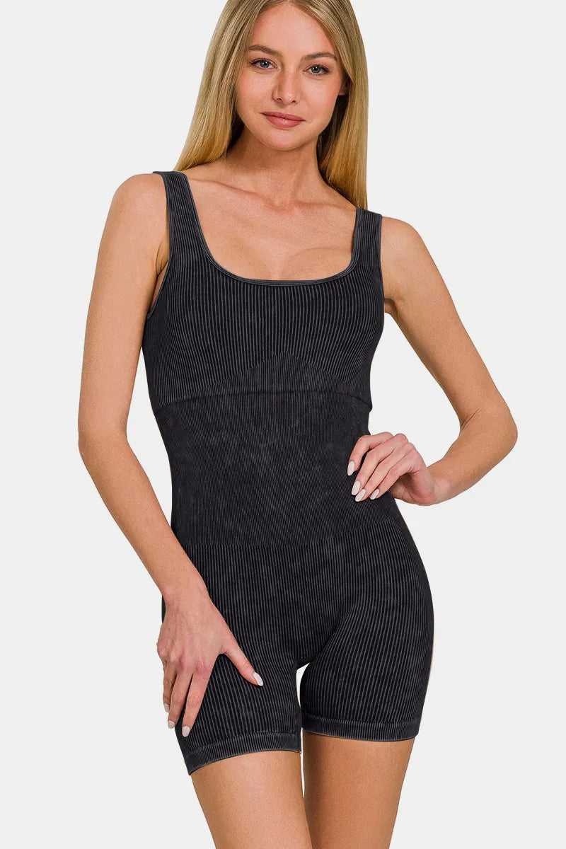 Zenana Washed Ribbed Romper with Pad - Hopeford Streams