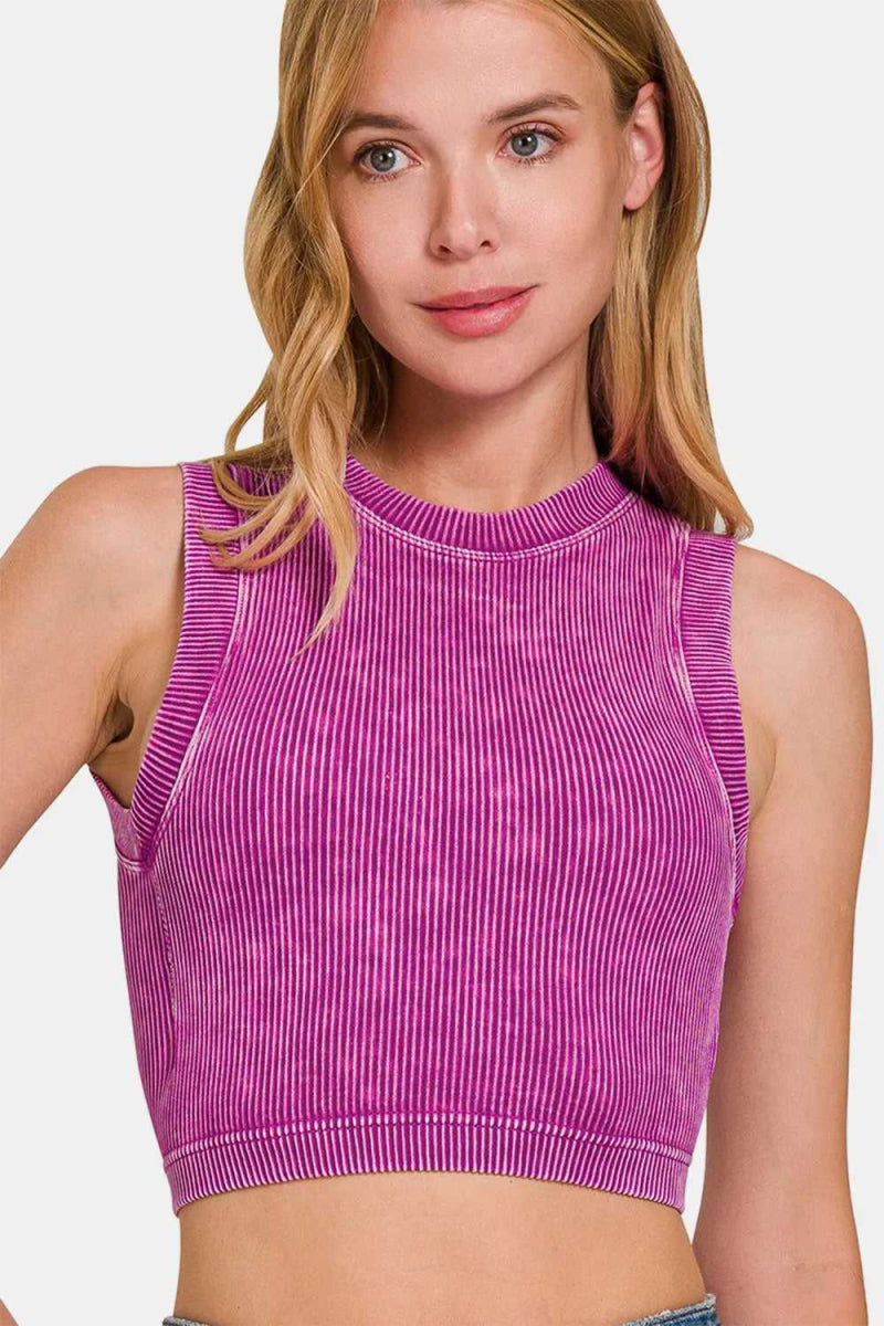Zenana Washed Ribbed Seamless Crop Tank with Bra Pad - Hopeford Streams