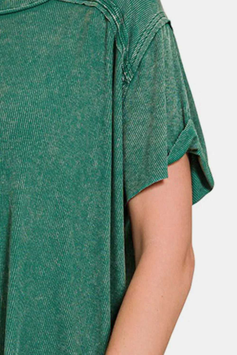 Zenana Washed Ribbed Short Sleeve Top - Hopeford Streams