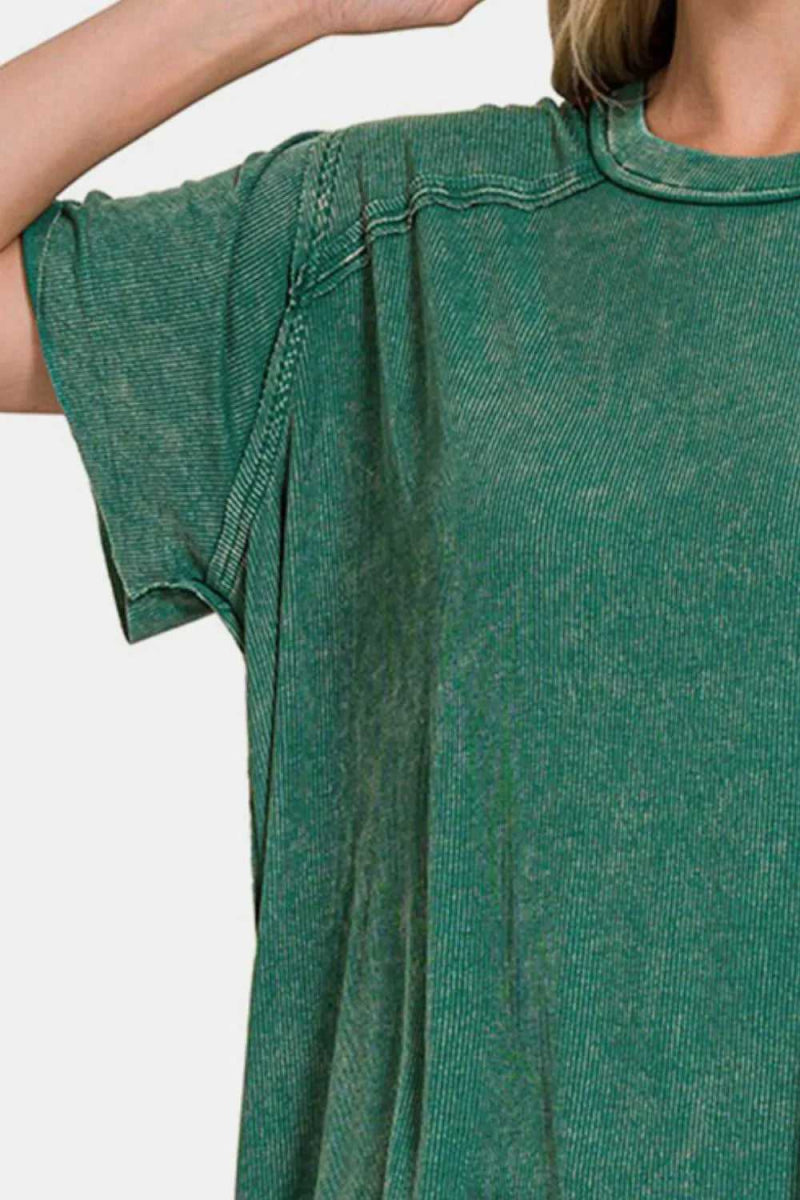 Zenana Washed Ribbed Short Sleeve Top - Hopeford Streams