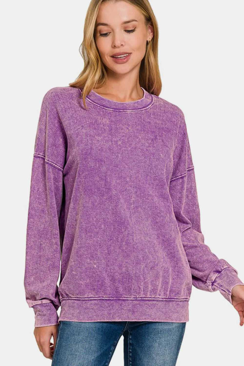 Zenana Washed Round Neck Dropped Shoulder Sweatshirt - Hopeford Streams