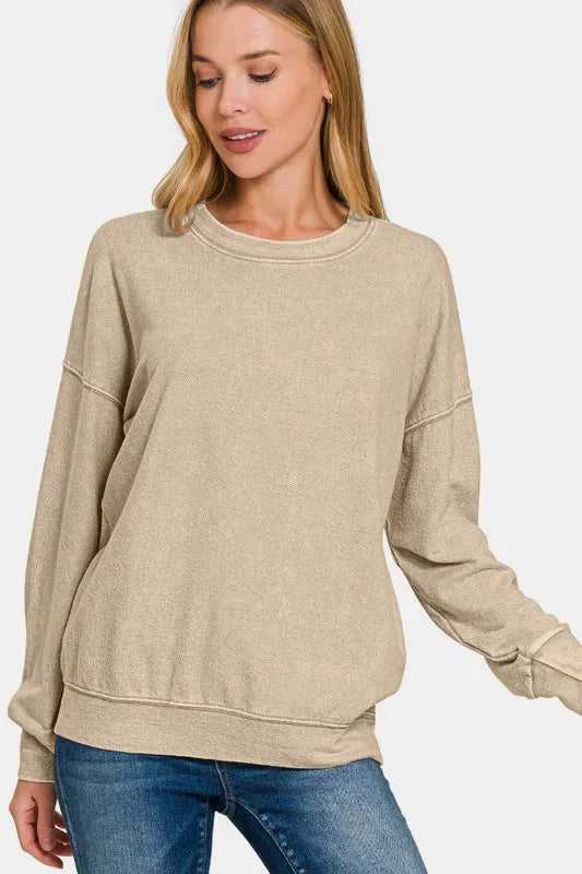 Zenana Washed Round Neck Dropped Shoulder Sweatshirt - Hopeford Streams