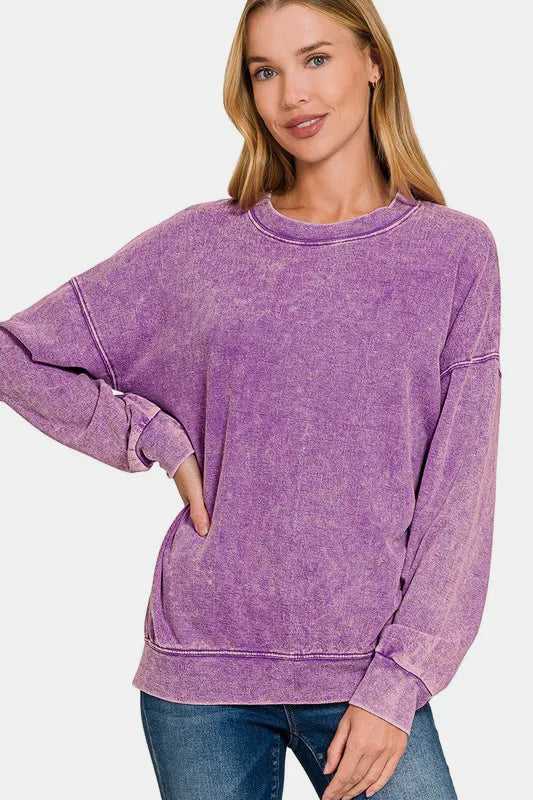 Zenana Washed Round Neck Dropped Shoulder Sweatshirt - Hopeford Streams