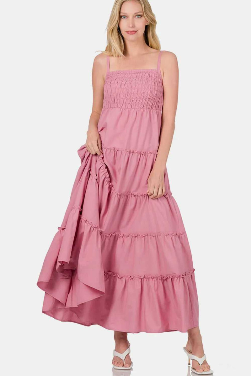 Zenana Woven Smocked Tiered Cami Maxi Dress - Hopeford Streams