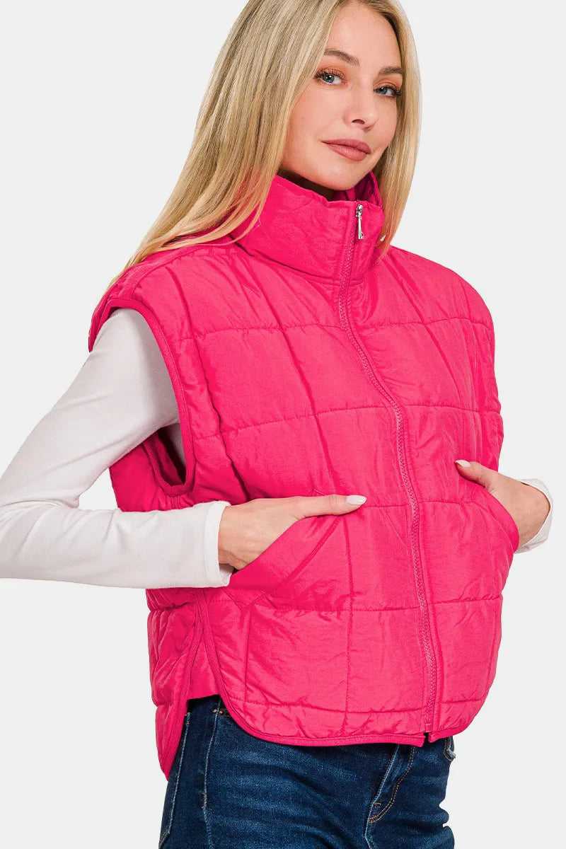 Zenana Zip Up Cropped Puffer Vest with Pockets - Hopeford Streams